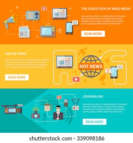 Media horizontal banners set with evolution of mass media and journalism symbols flat isolated vector illustration 