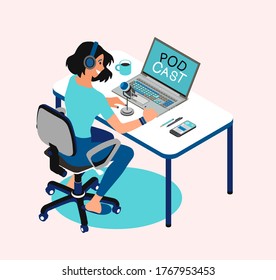 Media hosting doodle drawing. Podcast concept illustration. Female podcaster talking to microphone recording podcast in studio . Vector Isometric illustration.