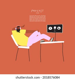 Media hosting vector doodle drawing. Funny brutal man podcaster in headphones talking about something in a free pose with legs on the table, cartoon character broadcaster