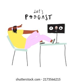 Media hosting vector drawing. Funny brutal man podcaster in headphones talking about something in a free pose with legs on the table, cartoon character broadcaster