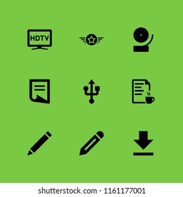 media icon. 9 media set with hd, usb, download and folded document icon vector icons for web and mobile app