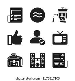 media icon. 9 media vector icons set. is approximately equal to, television and news paper icons for web and design about media theme