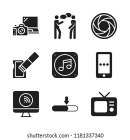 media icon. 9 media vector icons set. aperture, window scrolling medium and phone message icons for web and design about media theme
