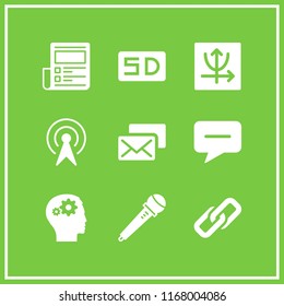media icon. 9 media vector set. message, broadcast, users settings and parabolic icons for web and design about media theme