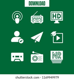 media icon. 9 media vector set. television, educational video, noise and radio icons for web and design about media theme