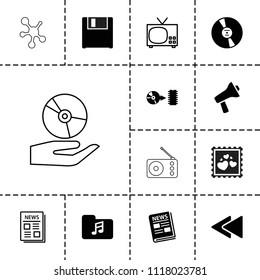 Media icon. collection of 13 media filled and outline icons such as play back, disc, news, tv, photo with heart, volume, cd. editable media icons for web and mobile.