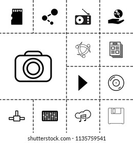 Media icon. collection of 13 media filled and outline icons such as slider, cd on hand, memory card, newspaper, disc on fire. editable media icons for web and mobile.