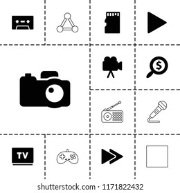 Media icon. collection of 13 media filled and outline icons such as camera, memory card, search dollar, tv, cassette, joystick, radio. editable media icons for web and mobile.