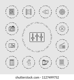 Media icon. collection of 13 media outline icons such as news, play back, play in gear, camera tape, camera display, camera. editable media icons for web and mobile.