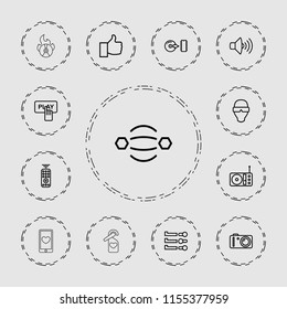 Media icon. collection of 13 media outline icons such as finger pressing play button, man in smart glasses, atom interaction. editable media icons for web and mobile.