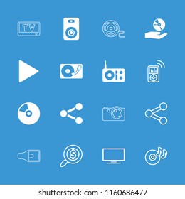 Media icon. collection of 16 media filled and outline icons such as radio, disc on fire, share, search dollar, mp3 player, speaker. editable media icons for web and mobile.