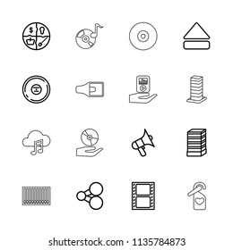 Media icon. collection of 16 media outline icons such as business center building, share, movie tape, volume, marketing, cd. editable media icons for web and mobile.