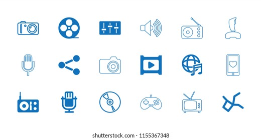 Media icon. collection of 18 media filled and outline icons such as microphone, movie tape, international music, network connection. editable media icons for web and mobile.