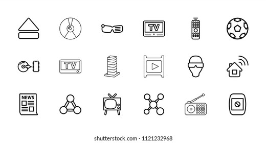 Media icon. collection of 18 media outline icons such as movie tape, tv, news, home connection, man in smart glasses, share. editable media icons for web and mobile.