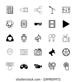 Media icon. collection of 25 media filled and outline icons such as volume, play, connection, movie tape, microphone, news. editable media icons for web and mobile.