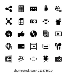 Media icon. collection of 25 media filled icons such as cd, international music, microphone, camera, camera tape, play, tv set. editable media icons for web and mobile.