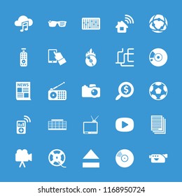 Media icon. collection of 25 media filled icons such as movie tape, camera, network connection, search dollar, news, home connection. editable media icons for web and mobile.