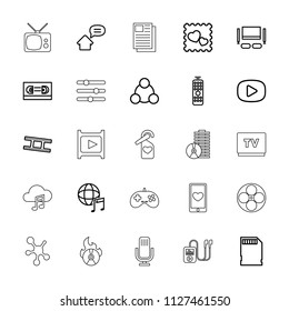 Media icon. collection of 25 media outline icons such as film tape, photo with heart, international music, camera tape, memory card. editable media icons for web and mobile.