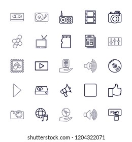 Media icon. collection of 25 media outline icons such as finger pressing play button, thumb up, newspaper, movie tape, radio, volume. editable media icons for web and mobile.