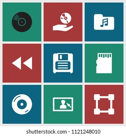 Media icon. collection of 9 media filled icons such as disc on fire, diskette, cd on hand, network connection, camera display. editable media icons for web and mobile.