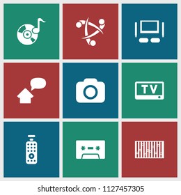 Media icon. collection of 9 media filled icons such as camera, tv set, home message, remote control, tv, disc on fire, cassette. editable media icons for web and mobile.