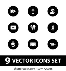 Media icon. collection of 9 media filled icons such as microphone, business center building, camera, tv, cassette, cd on hand. editable media icons for web and mobile.
