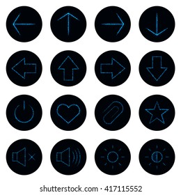 Media icon collection set of blue lights on black background. Neon vector icon set.