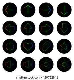 Media icon collection set of gradient lights on black background. Neon vector icon set.
