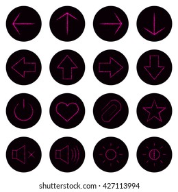 Media icon collection set of pink lights on black background. Neon vector icon set.