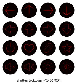 Media icon collection set of red lights on black background. Neon vector icon set.