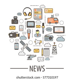 Media icon elements for news collection and translation. Vector logos of means of transportation, black camera, microphones with inscriptions, human silhouette, television screens, pencil and jotter.