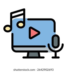Ilustração de estilo de linha plana de ícone de mídia representando canais de comunicação e conteúdo multimídia, adequado para transmissão, plataformas digitais e projetos relacionados a marketing