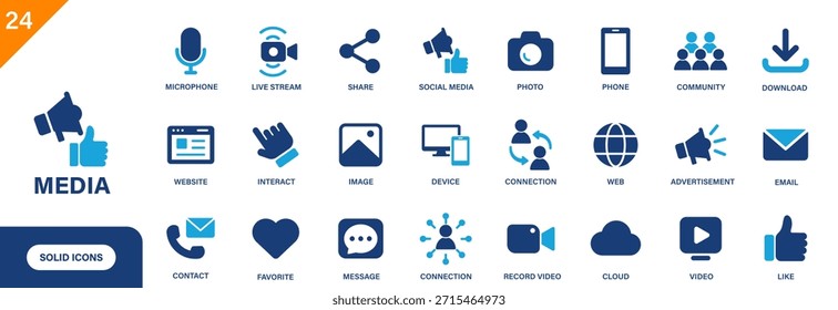 Icono de medios. Incluyendo transmisión en vivo, compartir, gustar, publicidad, teléfono, mensaje, redes sociales. Conjunto de iconos de Vector sólido.