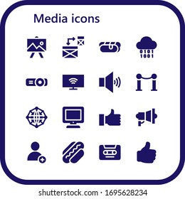 media icon set. 16 filled media icons. Included Drawing, Responsive, Hot dog, Binary, Projector, Smart tv, Volume, Line, Network, Tv, Thumb up, Megaphone, Add, Cassette icons