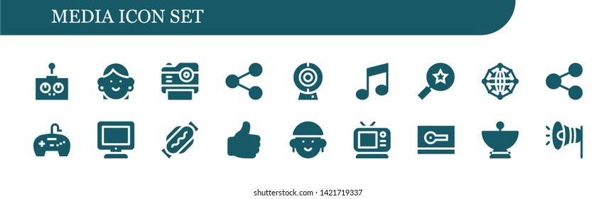 media icon set. 18 filled media icons.  Simple modern icons about  - Remote control, Avatar, Photo camera, Share, Cam, Music, Favorites, Network, Gamepad, Tv, Hot dog, Like, Card