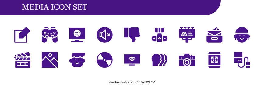 media icon set. 18 filled media icons.  Simple modern icons about  - Edit, Gamepad, Television, Mute, Dislike, Camera, Billboard, Inbox, Avatar, Clapperboard, Image, Compact disc