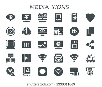 media icon set. 30 filled media icons.  Simple modern icons about  - Arroba, Television, Camera, Mp player, Message, Like, Avatar, Vector, Cms, Forwards, Cards, Background, DJ