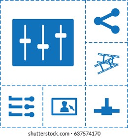 Media icon. set of 6 media filled icons such as sliders, camera tape, camera display, network connection, slider
