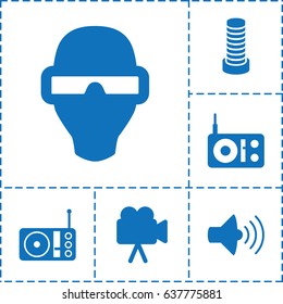 Media icon. set of 6 media filled icons such as business center building, volume, camera, radio