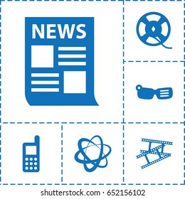 Media icon. set of 6 media filled icons such as phone, film tape, camera tape, smart glasses, news