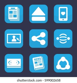 media icon. Set of 9 filled media icons such as heart mobile, eject button, news, camera display, connection, newspaper, share, atom interaction