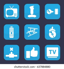 Media icon. set of 9 filled media icons such as tv, cd fire, disc, camera tape, remote control, thumb up, joystick