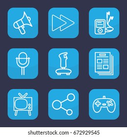 Media icon. set of 9 outline media icons such as volume, share, fast forward, microphone, mp3 player, tv, joystick