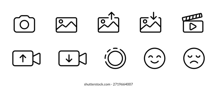 media icon set camera photo gallery video upload download emoji outline symbol for app interface