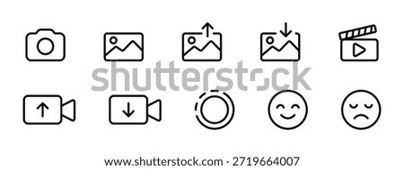 media icon set camera photo gallery video upload download emoji outline symbol for app interface