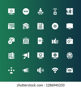 media icon set. Collection of 25 filled media icons included Cassette, Wifi, Volume, Megaphone, Influencer, Leader, Television, Magazine, Photo camera, Like, Cards, Amplifier