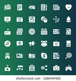 media icon set. Collection of 36 filled media icons included Gamepad, Camera, Share, Cinema, Music, Photo camera, Search engine optimization, Watercolor, Skype, News, Audio player