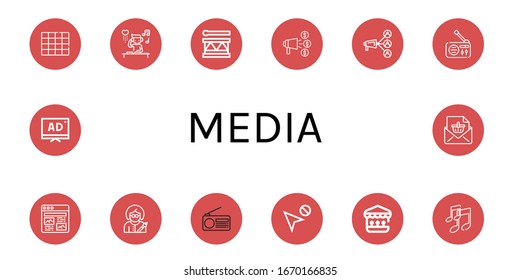 media icon set. Collection of Colors, DJ, Drum, Announce, Megaphone, Radio, Article, Writer, Cursor, Shooting gallery, Music, Tv, Announcement icons