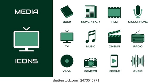 Media icon set. Collection contains book, newspaper, film, microphone, tv, music, cinema, radio, vinyl and other icons.