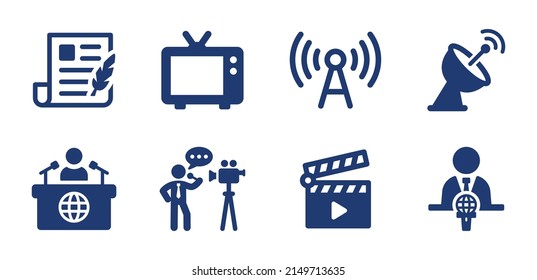 Media icon set. Entertainment symbol. Containing writing blog, antenna, TV, reporter, movie clapper and MC icon in graphic design.